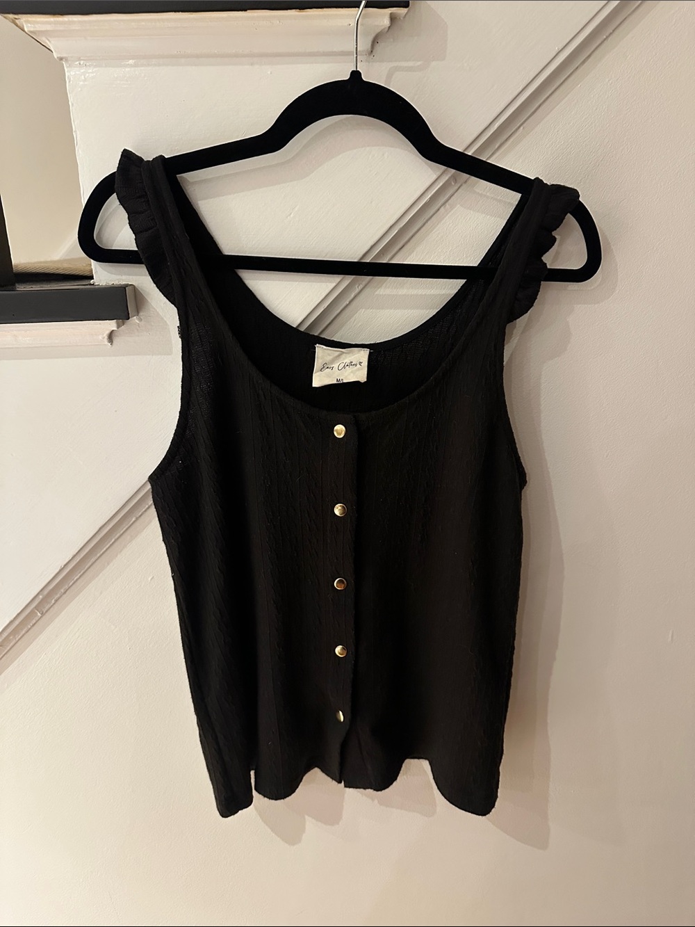 Easy Clothes Sleeveless Black Button-Front Tank Top with Ruffle Shoulder Detail